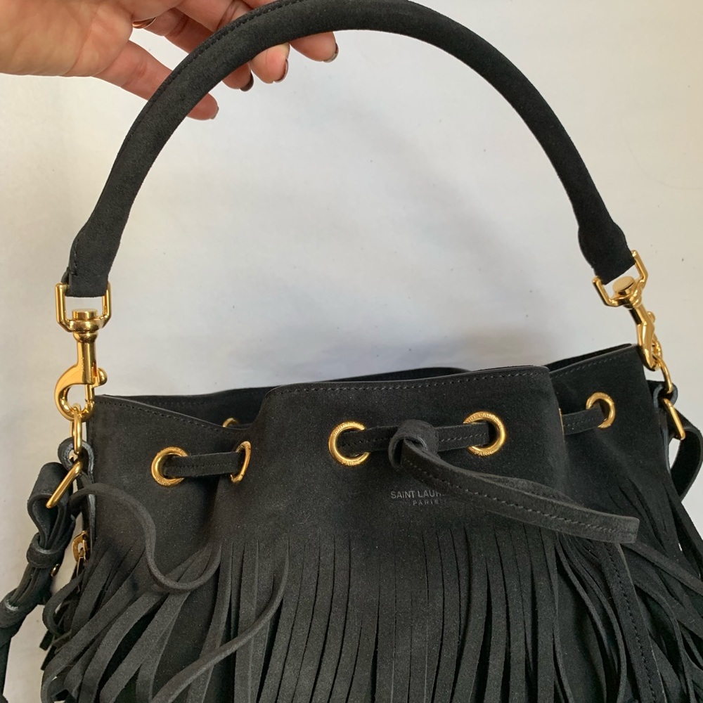 Saint Laurent Black Suede Fringed Bucket Bag - Picture 4 of 8